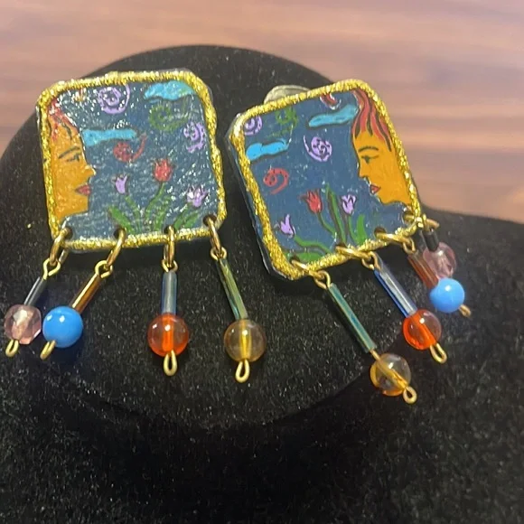 Vintage Hand Painted Genuine Leather Artisan Brooch & Earring Set